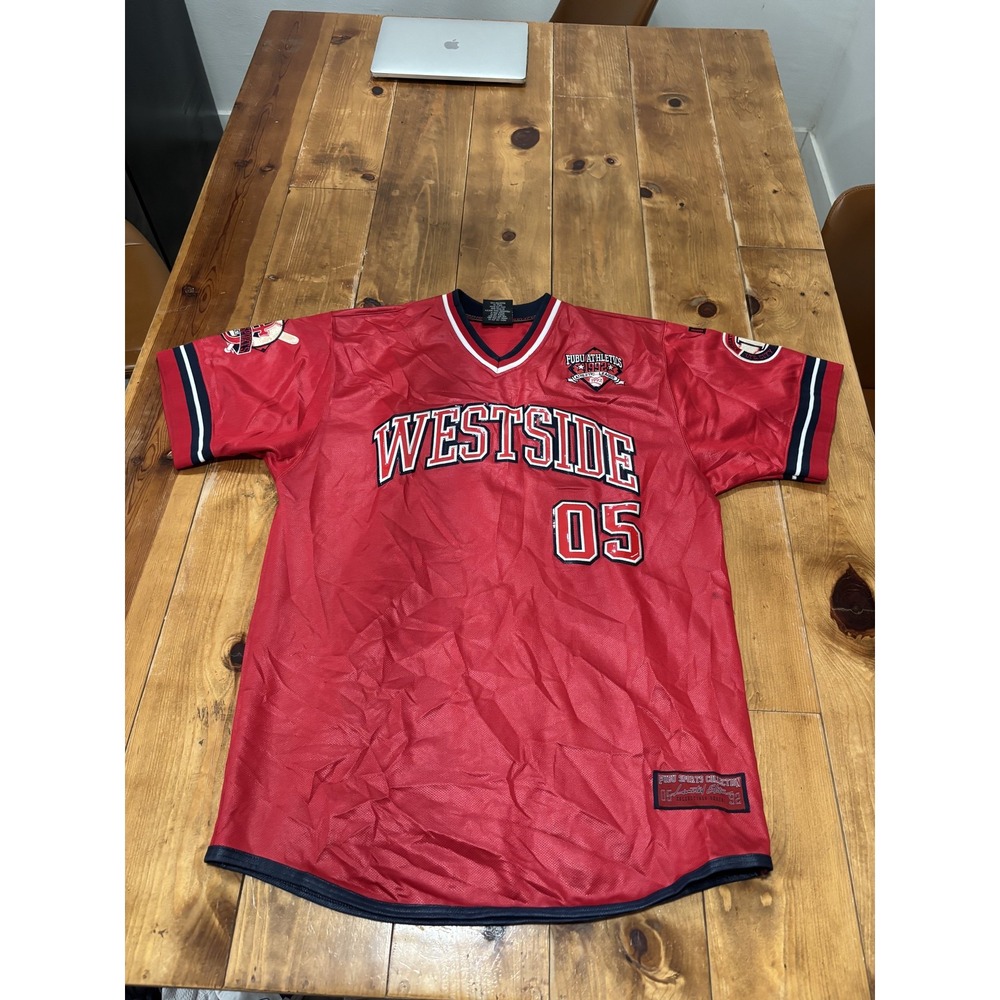FUBU Men's Red Westside 05 Baseball Jersey Activewear Top Size L Vintage 90s Y2K